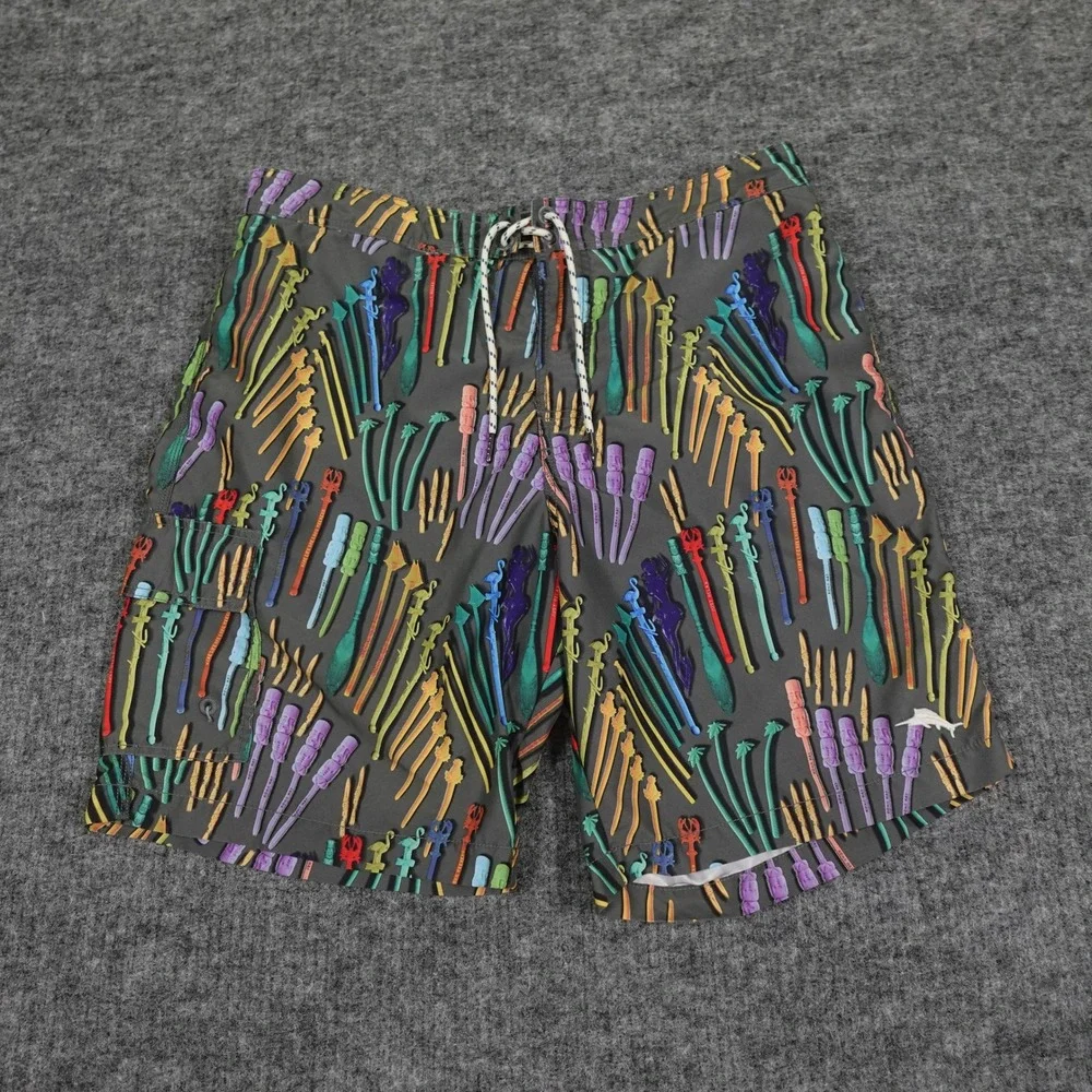 Tommy Bahama‎ Relax Swim Trunks Mens Large Gray Swizzle Stick Print Lined Shorts